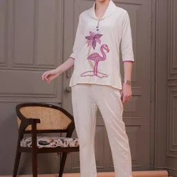 JC4U Embroidered Shawl Neck Top With Trousers-picture-13