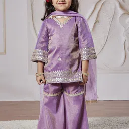 VASTRAMAY Girls Floral Embroidered Regular Sequinned Tissue Kurta & Sharara With Dupatta-picture-18