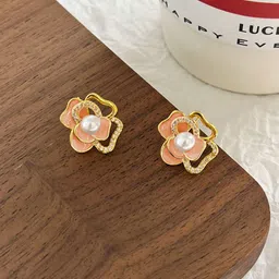 KRENOZ Gold-Plated Artificial Stones & Pearls Studded Floral Studs Earrings-picture-58
