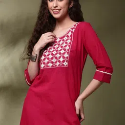 Anouk Floral Yoke Design Round Neck Thread Work Pure Cotton Straight Kurta image 2