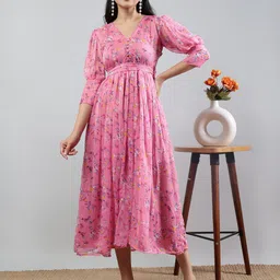 Polyglot Floral Print Puff Sleeves Fit & Flare Midi Dress-image-17