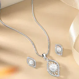 Peora Silver-Plated Cubic Zirconia Studded Chain With Earrings And Rose-picture-26