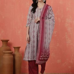 Anouk Geometric Printed Thread Work Straight Kurta With Trousers And Dupatta-picture-12