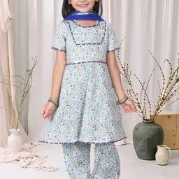 Cutiekins Girls Floral Printed Round Neck Gotta Patti A-Line Kurta With Palazzos & Dupatta-picture-27