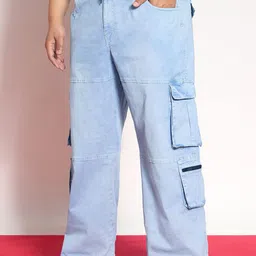 Urbano Plus Men Ice Blue Loose Baggy Fit Travel Stretchable Cargo Jeans With 8 Pockets-image-33