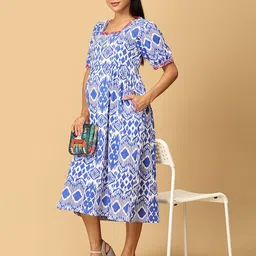 The Mom Store Floral Print Puff Sleeve Maternity A-Line Midi Dress image 2