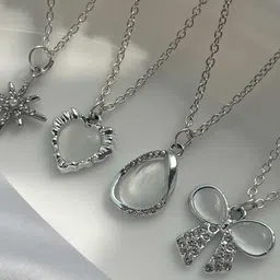 Jewelsbysirani Set Of 4 Silver-Plated American Diamond Studded Pendants With Chains-image-1