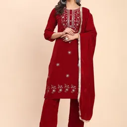 Moda Rapido Women Embroidered Regular Velvet Kurta with Trousers & With Dupatta image 4