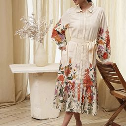Biba Women Floral Print Shirt Collar Puff Sleeves Shirt Midi Dress-picture-38