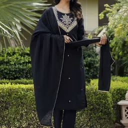 KALINI Floral Embroidered Straight Thread Work Kurta With Trouser & Dupatta image 3