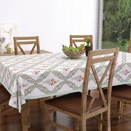 Texstylers White Floral Printed Rectangle Anti-Slip Pure Cotton 6-Seater Table Cover image 5