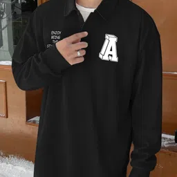 JUMPCUTS Typography Printed Polo Collar Oversized T-shirt-picture-14