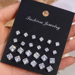 Shivarth Silver-Toned & Clear Pair Of 12 Stone Square Stud Earrings-image-91
