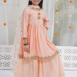 Little Bansi Girls Floral Yoke Design Sequinned Pure Cotton Kurta With Sharara & Dupatta image 3