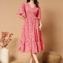 Krunal Raiyani Floral Printed Flared Sleeves Crepe Fit & Flare Midi Dress-picture-19