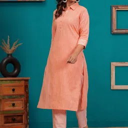 NAVYAAZRI Shirt Collar Pure Cotton Straight Kurta With Trousers-picture-32