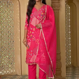 Navlik Women Ethnic Motifs Printed Regular Thread Work Kurta with Trousers & With Dupatta-picture-25