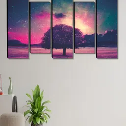SAF Purple & Green 5 Piece Tree Printed Wooden Wall Arts image 2