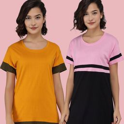 Christy World Women Pack of 2 Colourblocked Round Neck Longline T-shirt-picture-42