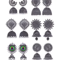 Sangria Set Of 6 Silver Plated Oxidized Jhumka Earrings-picture-16