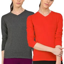 ap'pulse Pack of 2 Women Solid V Neck Cotton Blend Red, Grey T-Shirt-picture-20