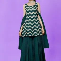 PARROT CREATION Chevron Embroidered Sequinned Georgette Kurti With Sharara And Dupatta-picture-12