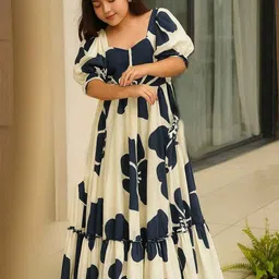 Vetrokart Girls Floral Print Sweetheart Neck Puff Sleeve Tie-Up Fit & Flare Maxi Dress-image-66