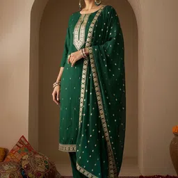 Indo Era Ethnic Motifs Embroidered Straight Thread Work Kurta With Trousers & Dupatta image 4