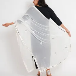 Karthav Fashion Floral Embroidered Mirror Work Chiffon Barfi Dupatta image 2