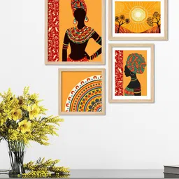 ArtVibes Orange Coloured & Black 4 Pieces African Woman Art Printed Paintings Wall Art-picture-28
