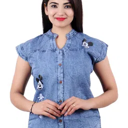 SQS Women Blue Mickey Mouse Print Denim Button-Down Top-picture-12