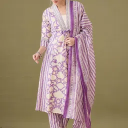 Indo Era Women Floral Printed Empire Thread Work Pure Cotton Kurta with Trousers & With Dupatta-picture-23