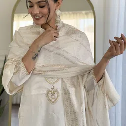 Siya Fashion Floral Yoke Design Sequinned Straight Kurta With Trousers & Dupatta image 3