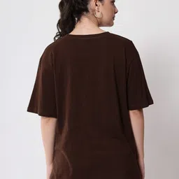 funday fashion Women Solid Round Neck Cotton Blend Brown T-Shirt image 2
