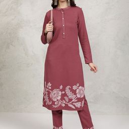 Vishudh Rust Floral Printed Mandarin Collar Straight Kurta with Trousers-picture-23