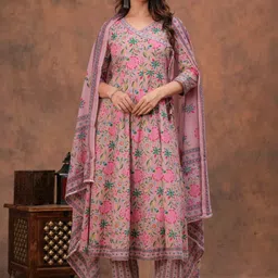 MARIONETTEFASHION Floral Printed Anarkali Pure Cotton Kurta With Trousers & Dupatta-picture-27