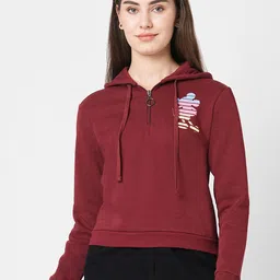 Kraus Jeans Women Printed Hooded Long Sleeves Half Zipped Sweatshirt-image-7