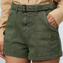 The Souled Store Women Fern Green Denim Regular Fit Mid-Rise Shorts image 4