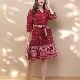 INUKA Ethnic Motifs Print Puff Sleeves Tie-Up Belted Fit & Flare Dress image 4
