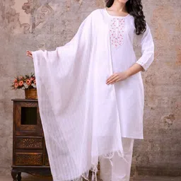 Auzanoor Collection Embroidered Pure Cotton Straight Kurta with Trousers & Dupatta-image-19