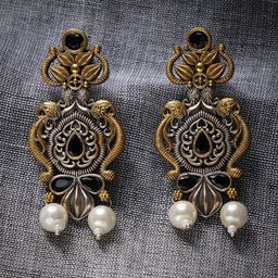 JAYPORE Stones Studded & Pearls Beaded Teardrop Shaped Oxidised Drop Earrings-picture-21