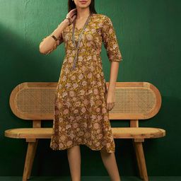 InWeave Floral Printed V-Neck Cotton A-Line Dress-picture-12