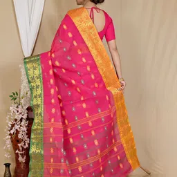 PuJoy Floral Zari Pure Cotton Taant Saree image 3