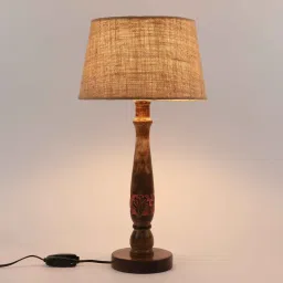 Castries Brown Blended Fabric Shade Night Lamp With Mango wood Base By Foziq image 3