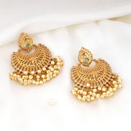 Adwitiya Collection Gold-Plated Peacock Design Stone Studded & Pearls Drop Earrings image 1