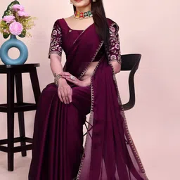 Zenophily Embroidered Pure Chiffon Saree With Desinger Blouse image 4