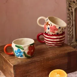 WEAVING HOMES White & Red 3 Pieces Flora Fables Printed Ceramic Glossy Mugs-180ml Each-image-76