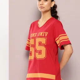 DILLINGER Varsity Printed V-Neck Drop-Shoulder Sleeves Oversized Pure Cotton T-shirt image 4