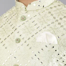 Manish Creations Mandarin Collar Straight Kurta With Churidar And Nehru Jacket image 2