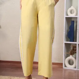 Overlock Women Yellow Cotton Lounge Pants with Side Lace Detail & Pockets-image-39